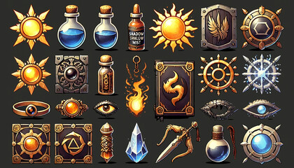 Set of Sun Symbols Magical Potions Shields and Fire Icons for Fantasy Games