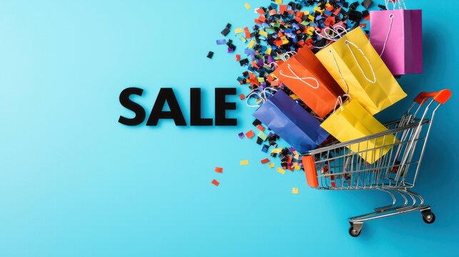 Shopping bags with bold SALE text spilling out of a shopping cart, symbolizing a Black Friday rush