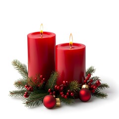 Festive red candles adorned with pine and berries for a warm holiday ambiance