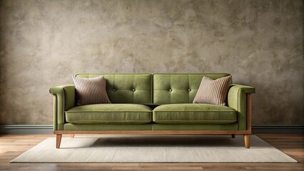 Olive green sofa against taupe wall with natural lighting