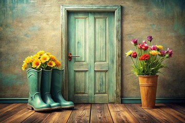 Stock photo of a door with boots and flowers