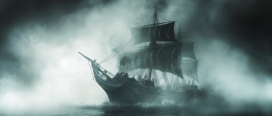 Fototapeta premium A large ship sails through a foggy sea