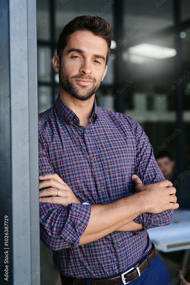 Wall mural Man, arms crossed and confident in office, portrait and pride for career with confidence at small business. Management, person and writer with startup, workplace and creative agency entrepreneur