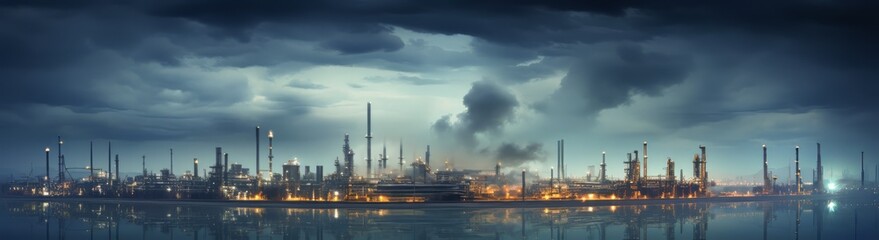 Fototapeta premium Industrial landscape at dusk with refinery and dramatic cloud formations
