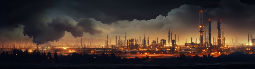 Industrial landscape at night with illuminated refinery in the distance