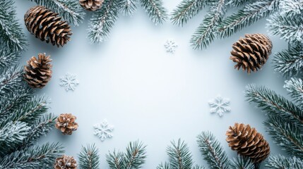 Pine Cones and Evergreen Branches with Snow on a Blue Background