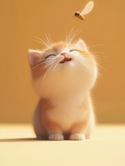 Cute Kitty's Close Encounter: A 3D Cartoon Cat Meets a Beautiful Insect in a Minimalist, Award-Winning Illustration