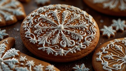 Fototapeta premium Close-up of a gingerbread cookie decorated with white icing in the shape of a snowflake, surrounded by other gingerbread cookies.