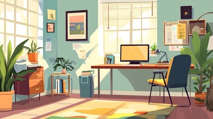 A Modern Home Office with a Desk, Chair, Plants, and a Window