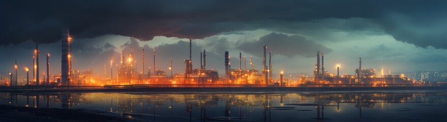 Fototapeta premium Illuminated industrial complex at dusk with reflections on calm water