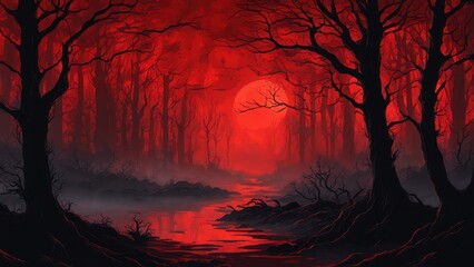A haunting forest scene with a blood-red sunset reflecting on a dark, misty waterway.