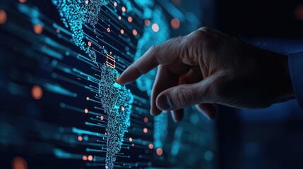 Hand interacting with digital world map on high-tech screen.