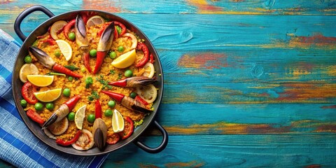 Spanish paella dish on vibrant background with space for text, silhouette