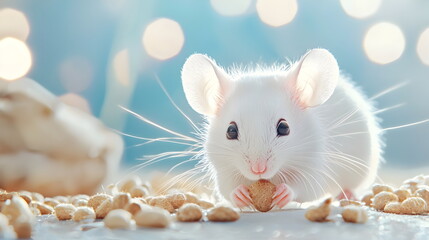 Fototapeta premium Tiny White Mouse: A whimsical and adorable white mouse with big, curious eyes stands on a soft, white background, capturing the innocence and charm of small creatures.
