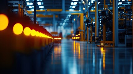 Illuminated production line in a modern factory, showcasing industrial machinery.
