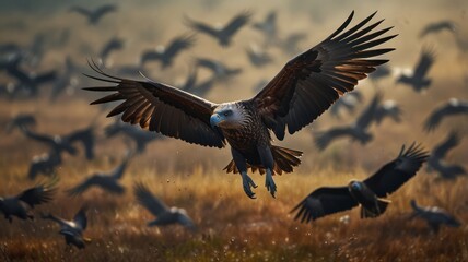 Naklejka premium A single eagle in flight with a flock of vultures in the background, soaring through a misty morning sky.
