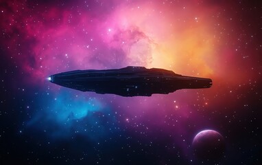 Obraz premium Futuristic spacecraft flying through a colorful cosmic nebula, vibrant colors of space background.