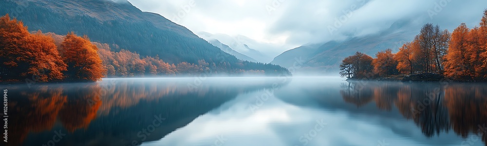 Poster a serene landscape showcasing a misty lake surrounded by autumn-colored trees and mountains under a 