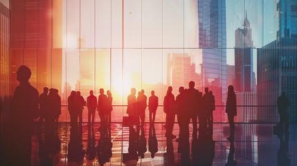 Corporate Professionals Silhouetted Against Cityscape, Embracing Collaboration in Office Building, Double Exposure Artistry