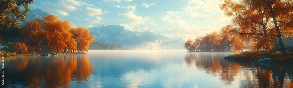 Poster a serene lakeside view with autumn trees, reflecting mountains and a bright sky, creating a tranquil