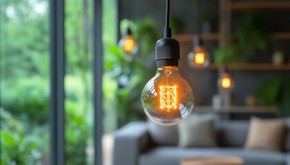 Fototapeta na wymiar Energysaving fluorescent LED lightbulb illuminating a space, showcasing its efficiency and technological innovation for sustainable electricity usage