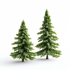 Two lush evergreen pine trees on a white background: nature's elegance