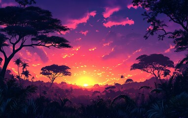 Exotic paradise at sunset, showcasing a stunning jungle landscape with silhouetted trees and the vibrant hues of the African sky at dusk, perfect for adventure seekers