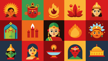 Naklejka premium A colorful background featuring a collection of Indian icons