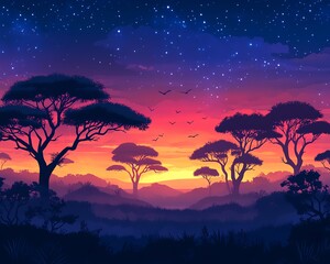 Majestic jungle landscape at sunset with silhouetted trees, showcasing the vibrant colors of the African sky at dawn, ideal for adventurous summer travel
