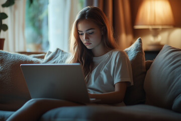 young woman working with laptop on couch at home.