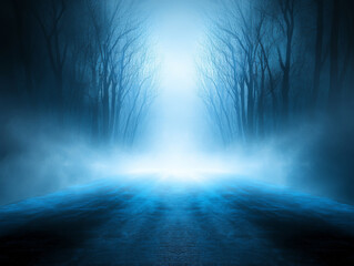 Fototapeta premium Misty forest pathway illuminated by diffused light in a serene, nighttime setting