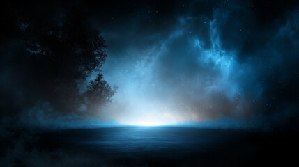 Mysterious twilight transformation over a serene body of water illuminated by soft blue hues