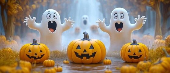 A Halloween scene with three ghosts and pumpkins