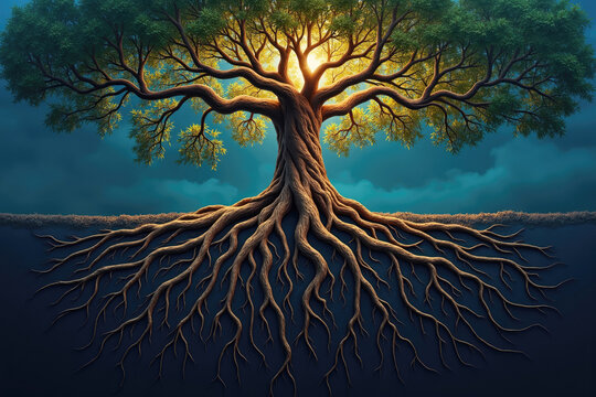 Majestic tree of life glowing in dreamlike landscape