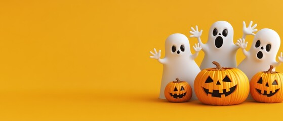 A Halloween themed poster with a group of white ghosts and pumpkins