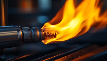Closeup of a shiny lighter igniting a bright orange flame, showcasing the power of gas as a fuel source and the heat it produces for outdoor tools