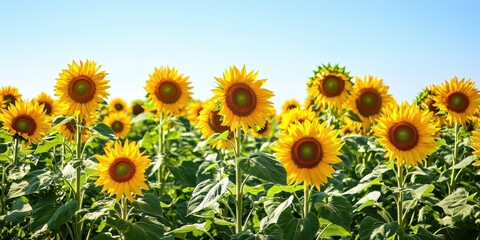 Fototapeta premium Expansive Sunflower Field Under Clear Blue Sky in Summer Sunlight 