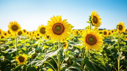 Fototapeta premium Expansive Sunflower Field Under Clear Blue Sky in Summer Sunlight 