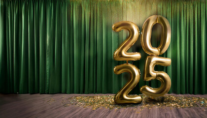 A green background with gold stars and the number 2025