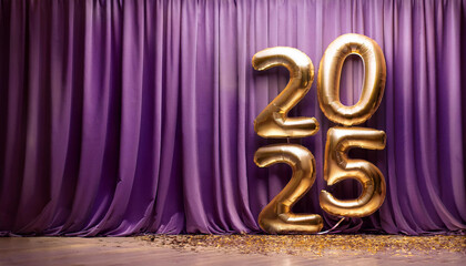 New Year 2025 celebration banner with gold and purple theme