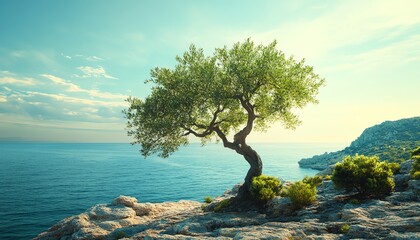 Beautiful olive tree flourishing in the Mediterranean landscape of Spain, showcasing vibrant green...