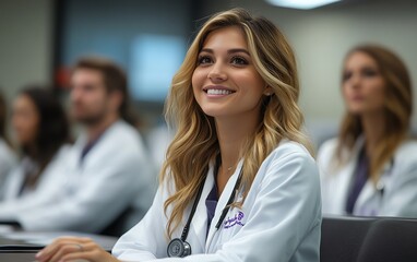 Diverse group of nursing students at college, engaged in handson training and learning with their doctor colleagues in a modern classroom