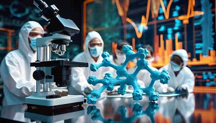 Modern Laboratory with Scientists and Molecular Structure