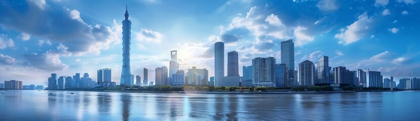 Panoramic wallpaper of beautiful Asian city with horizon and sun