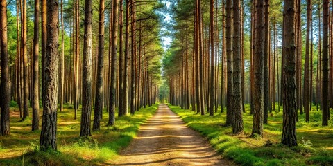 Sunny day in a pine forest with a well-worn trail.