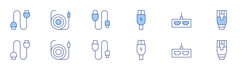 Cable icon set in two styles, Duotone and Thin Line style. Editable stroke. usb cable, usb connection, cable, hdmi, ethernet