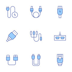 Cable icons set. Line Duotone style, editable stroke. usb cable, rca, cable, hdmi, ethernet