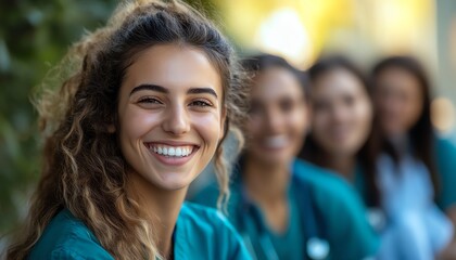 Enthusiastic group of diverse nursing students in training, collaborating with doctor colleagues at college, emphasizing healthcare education and teamwork