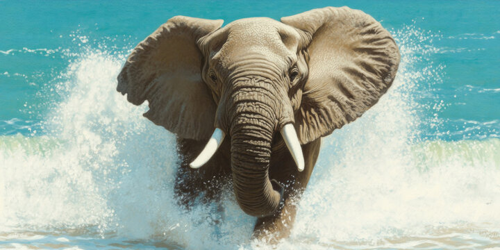 An elephant splashes in the ocean waves at a sunny beach during midday