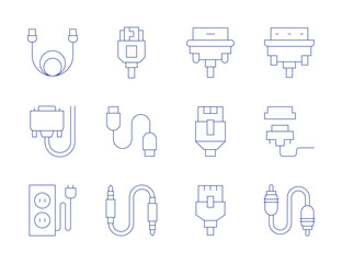 Cable icons. Thin Line style, editable stroke. extension cable, network cable, cable, vga cable, hdmi cable, jack cable, lan